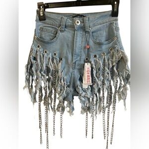 RedFox Jeans Chain Fringe Distressed High Rise Denim Shorts Y2K Grunge Size 24